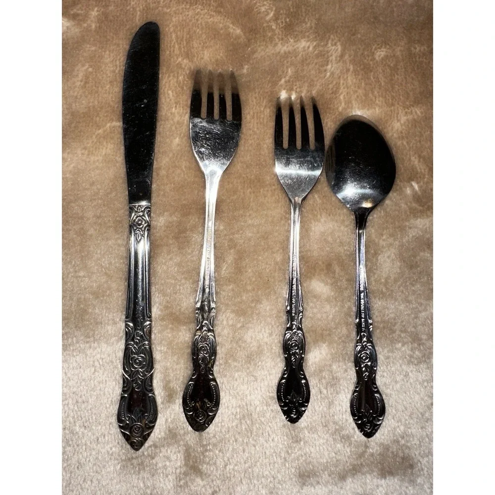Lustreware Silverware Stainless Ornate Rose Korea Spoon Knife 2 forks Lot